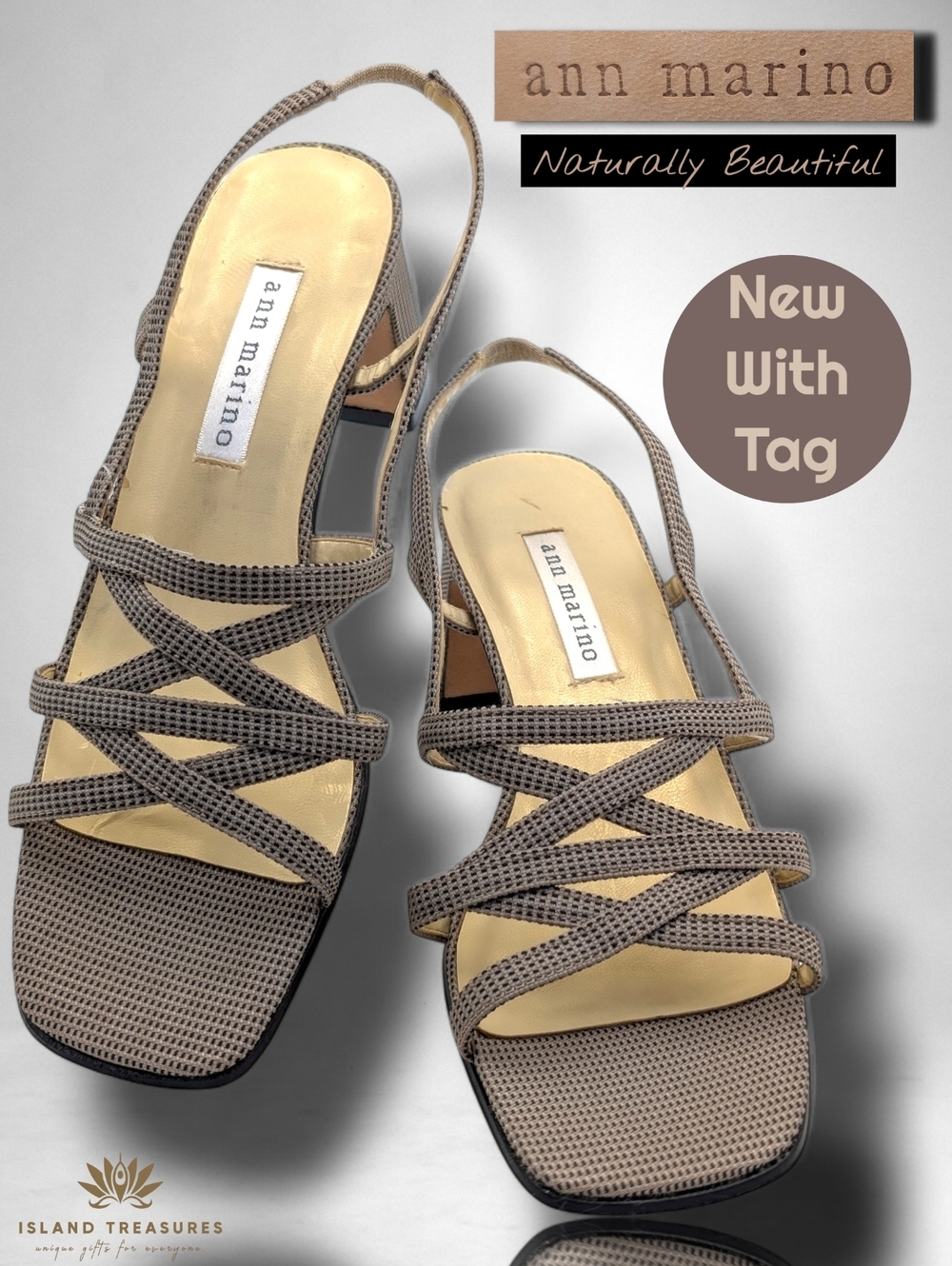 NWT Ann Marino Sz7M Women Strappy Block Heel Sandal Taupe And Black Micro-Check